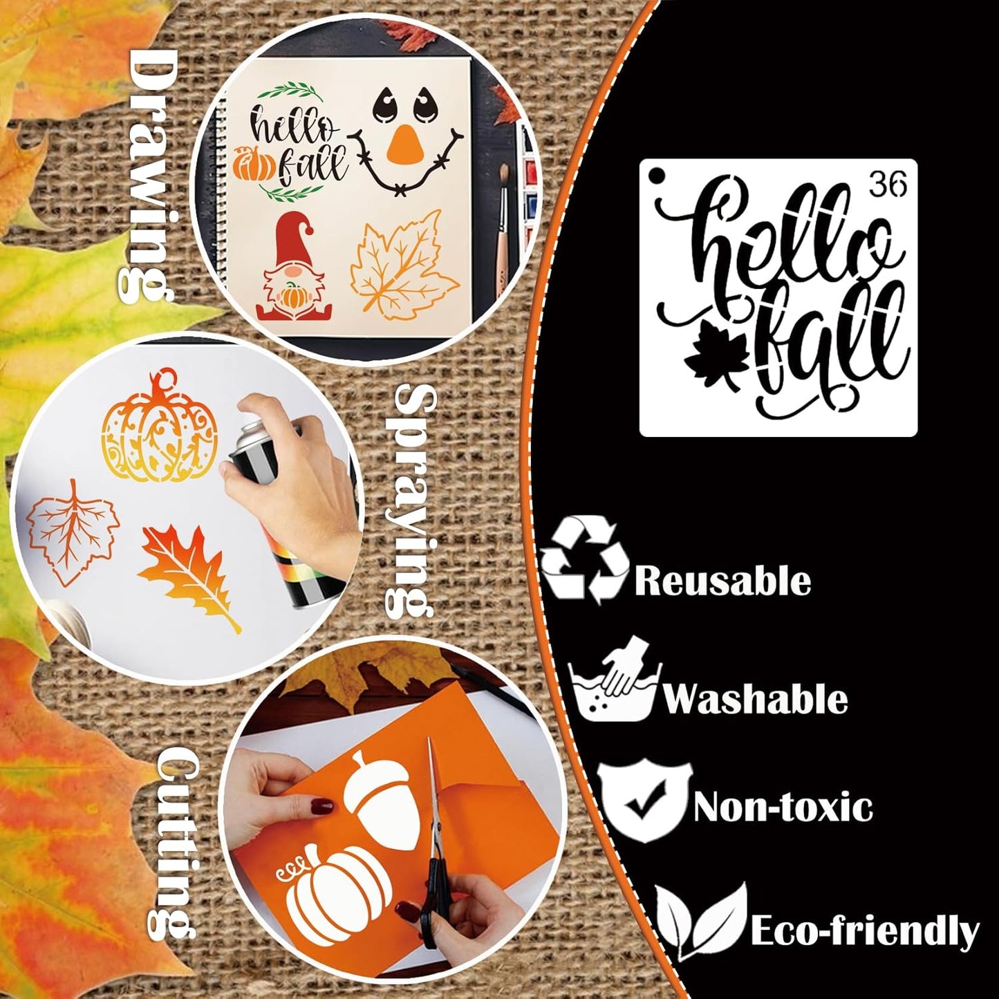 Small Stencils for Painting on Wood Reusable, 3 Inch Reusable Stencil for Craft Ornament Paint Template Stencils for Wall Card Rock Wood Signs Coasters Canvas Home Decor (Fall)