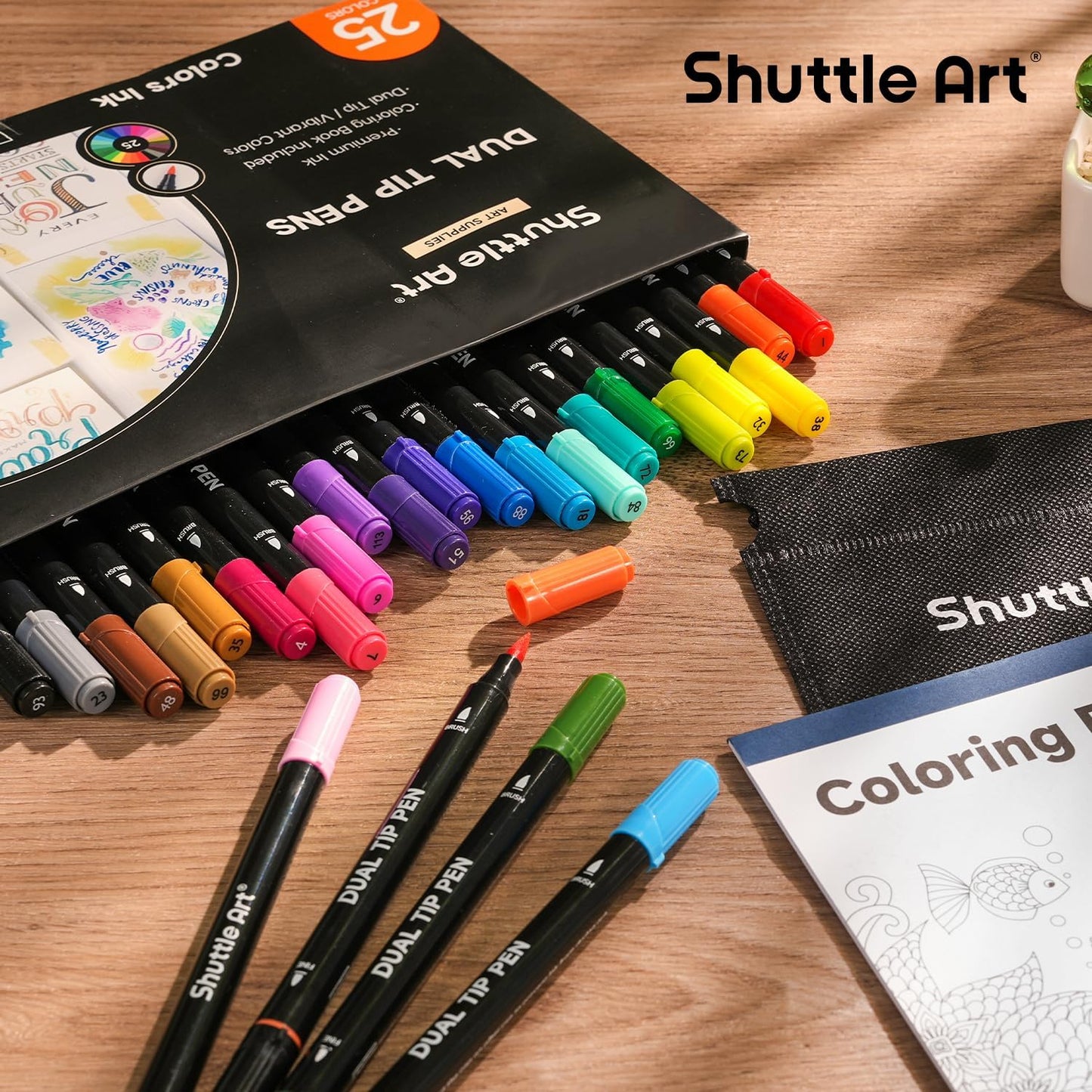 Shuttle Art Dual Tip Brush Marker Pens, 25 Colors Water-based Ink, Fine and Brush Tip Marker Set with 1 Coloring Book for Kids Adult Artist Calligraphy Hand Lettering Journal Doodling Writing
