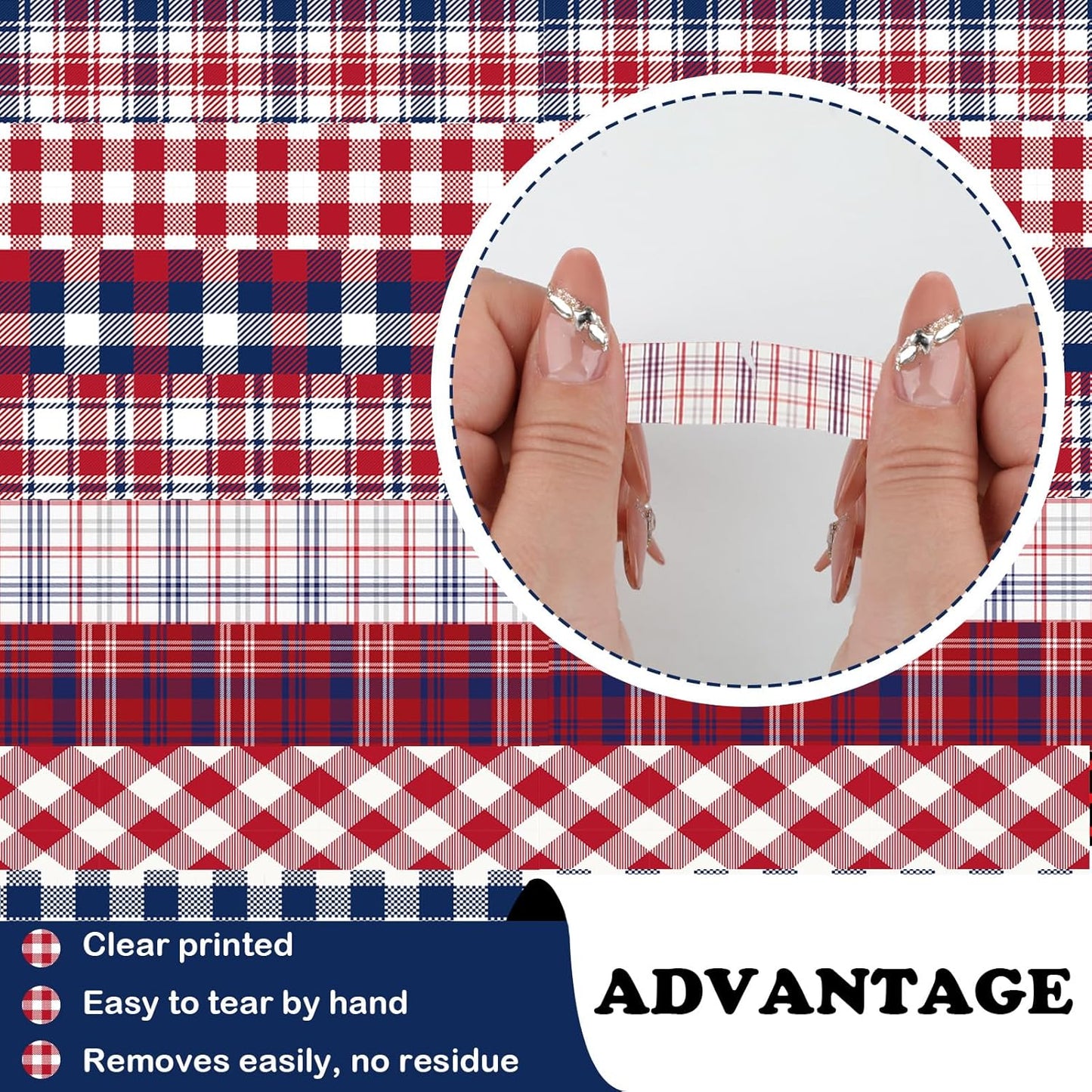 12 Rolls Basic Grid Washi Tape Set, Red Blue White Plaids Decorative Paper Stickers for Thanksgiving Christmas Independence Day Scrapbook Journaling DIY Art Crafts Gift Wrapping 16.4FT