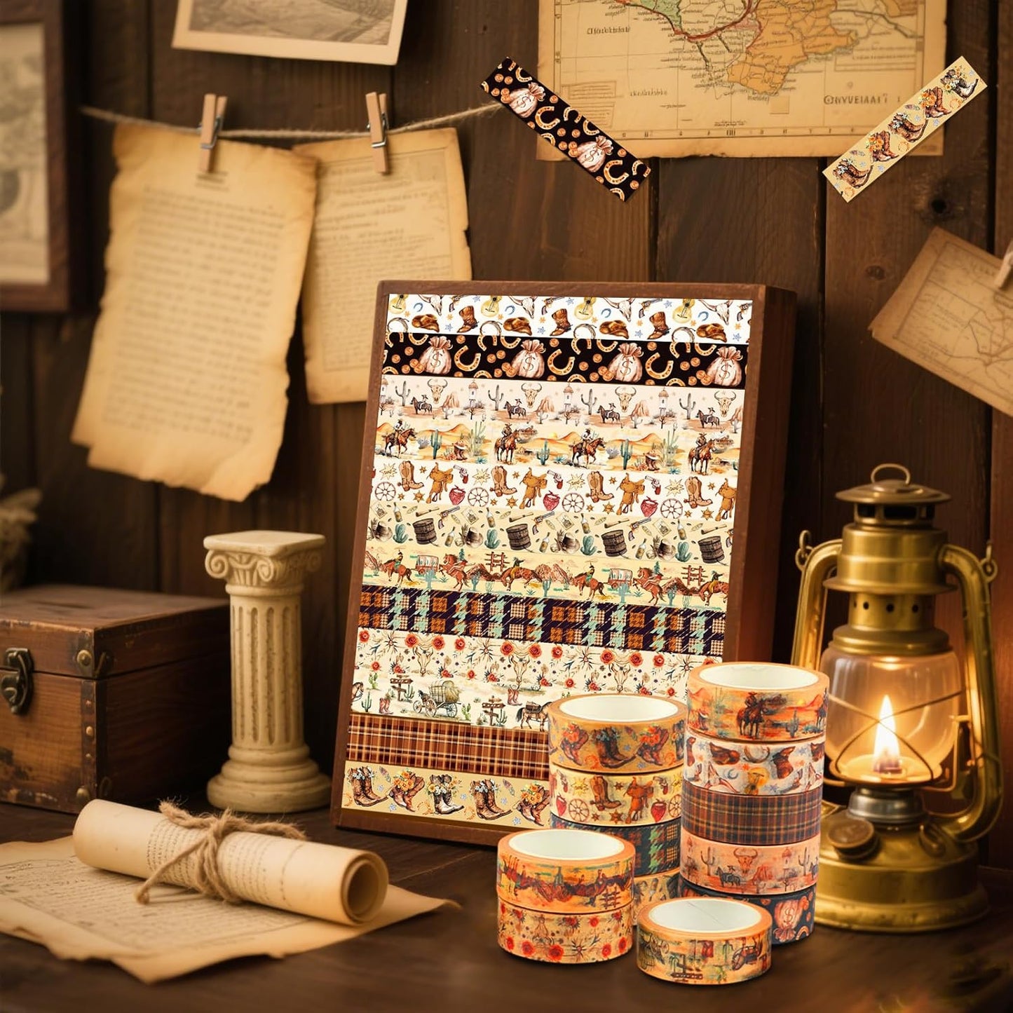 12 Rolls Western Washi Tapes, Wild West Cowboy Masking Tapes, Cowboy and Cowgirl Decorative Adhesive Stickers for Handbook Sticker Scrapbook Journaling Party Supplies DIY Craft Gift Wrapping 16.4FT