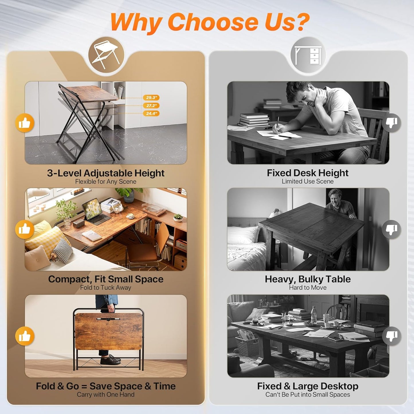 Huuger Folding Desk with 3-Level Adjustable Height and Tablet Slot, 32 Inch Foldable Computer Desk for Small Spaces, Space Saving, Writing Work Table for Home Office, Bedroom, Study, Rustic Brown