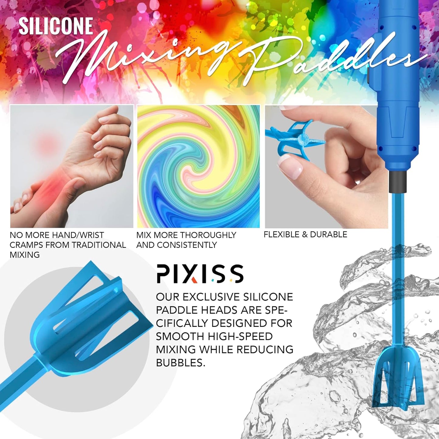 Pixiss Bidirectional Epoxy & Paint Mixer - 3 Reusable Silicone Paddles - Multipurpose Drill Attachment Stirrer