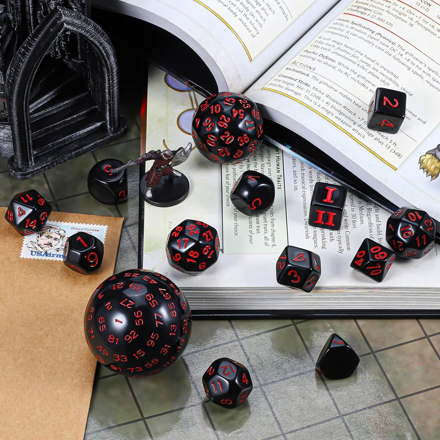 CiaraQ DND Polyhedral Dice Set (15pcs) D4-D100 Game Dice with Dice Bag for Dungeons and Dragons Role Playing Table Games (Black & Red)