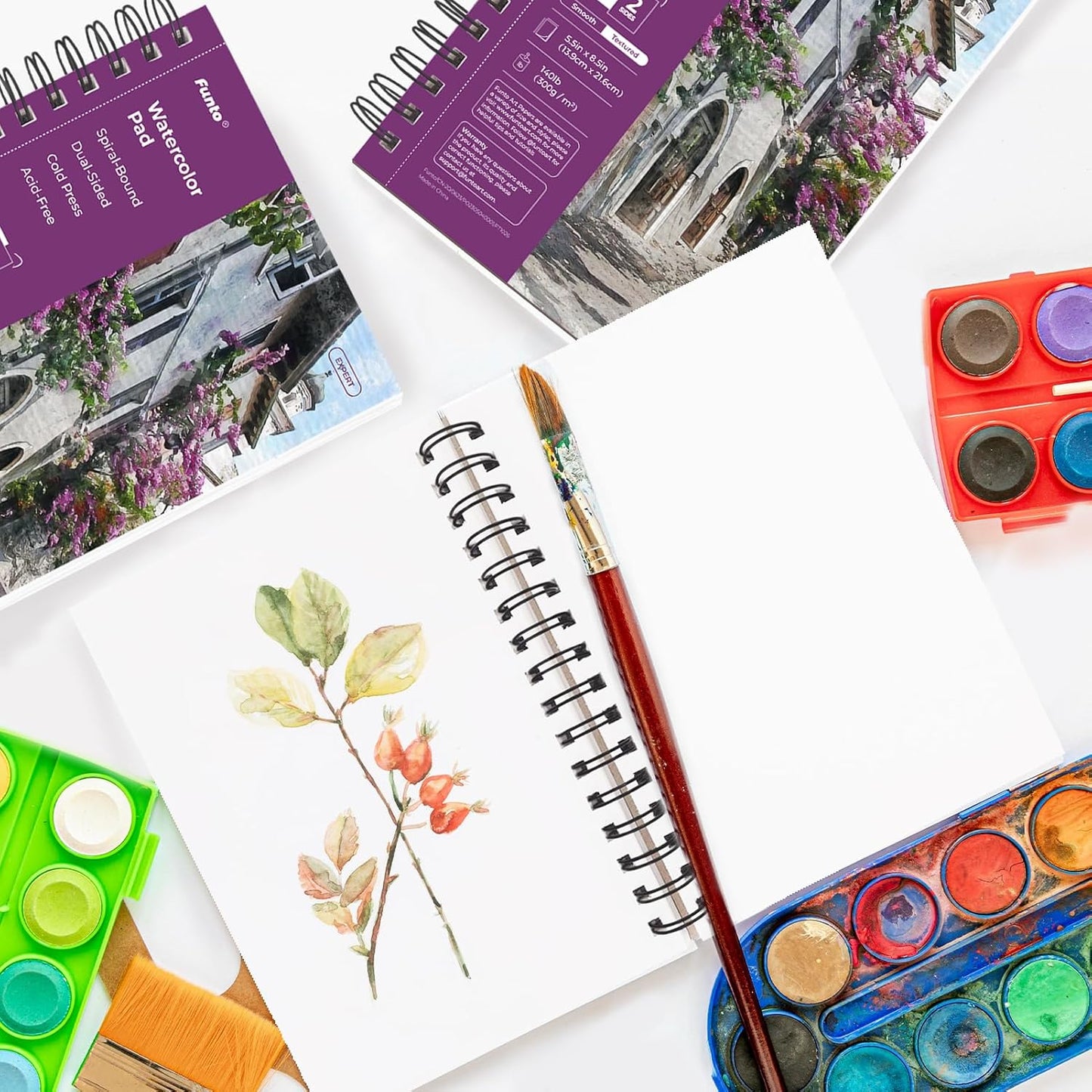 Funto Watercolor Pad 5.5x8.5, 3 Pack, 90 Sheets,140lb/300gsm, Double-Sided, Cold Press, Spiral Bound, Heavyweight Paper for Watercolor Painting