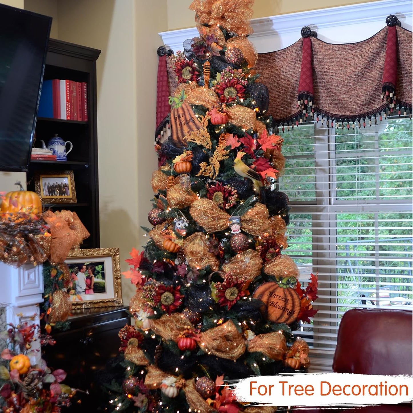 TONIFUL 2 Rolls 10 Inch Orange Decorative Mesh Ribbbon Rolls, Fabric Mesh with Foil for Wreath Supplies, Front Door Wreath Crafts Tree Decor Christmas Halloween Decoration Thanksgiving (10 yds/roll)