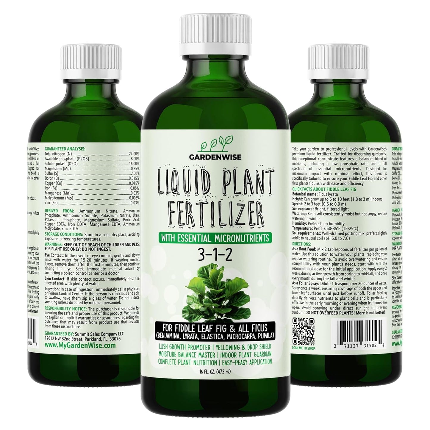 3-1-2 Liquid Fertilizer Concentrate with Micronutrients - Optimal Fiddle Leaf Fig Plant Food, Ideal for Ficus Lyrata & Fig Trees, Gold Leaf Enhanced Indoor Plant Fertilizer (32 OZ)