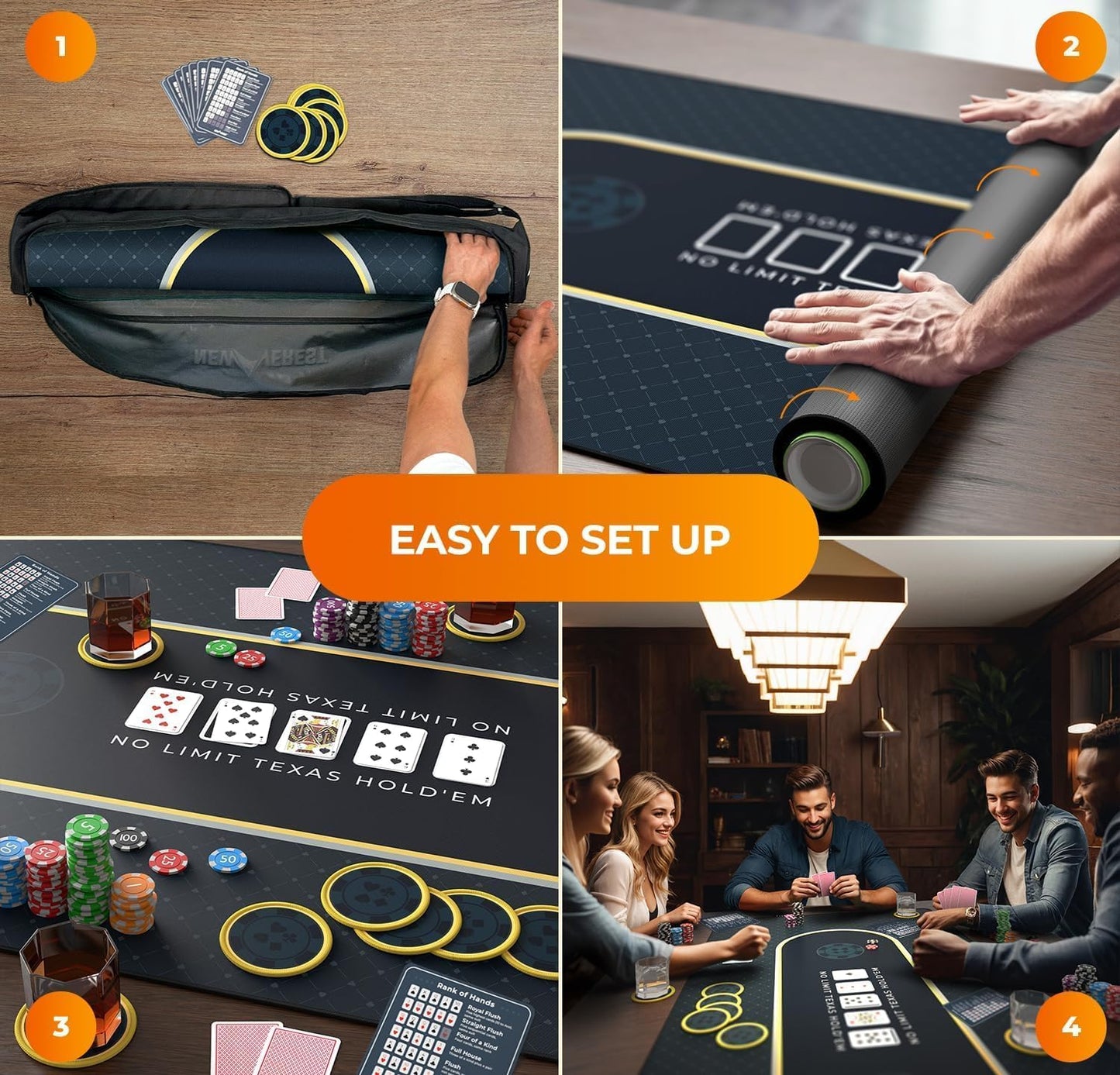 Newverest Poker Table Top 70" x 35", Texas Hold'em Poker Mat for Home Game Nights Up to 10 Players, Casino| Poker Topper Cloth for Tables in Zipper Storage Bag with 8 Coasters in Poker Gift-Ready Box