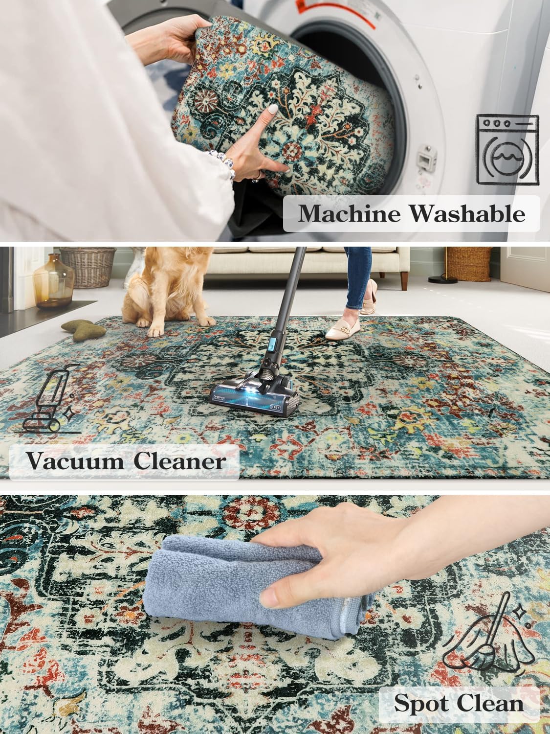 Lahome Bohemian Floral Medallion Round Rug - 3Ft Small Bedroom Round Area Rug Soft Bathroom Circle Mat, Teal Vintage Non Slip Machine Washable Entryway Carpet for Nursery Kitchen Family Room