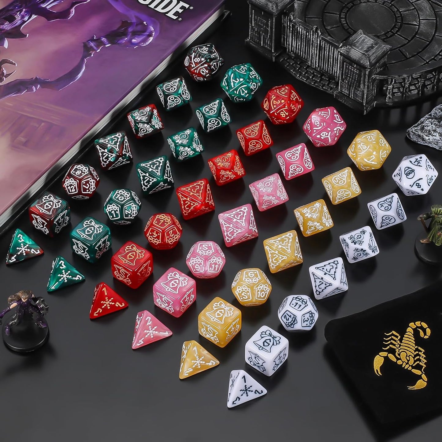CiaraQ Polyhedral Dice Set, 6 Colors with 6 Decorative Pouches, 7 Pieces per Set, Fantasy RPG Gaming Dice/DND Dice/Role Playing Dice, Christmas Themed