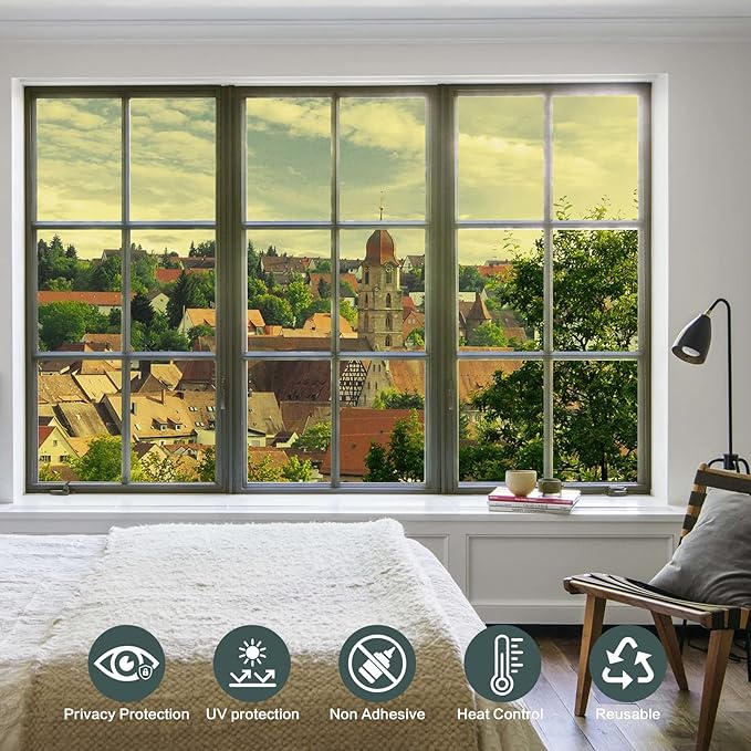 Filmgoo Window Privacy Film One Way Daytime Mirror Tint Treatments UV Heat Control Vinyl Stickers Sun Block Glass Paper Door Covering Reflective,Gold Silver,29.5 Inch x 6.5 Feet