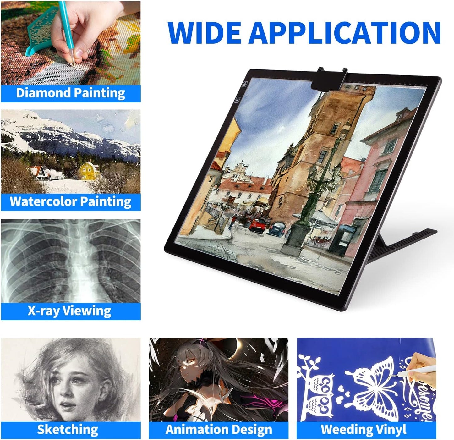 Wireless Rechargeable A3 LED Light Pad w/Built-in Foldable Stand, 3 Color Tone, 6 Levels of Brightness, Battery Powered Evenly Illuminated Light Box for Tracing Drawing and Diamond Painting