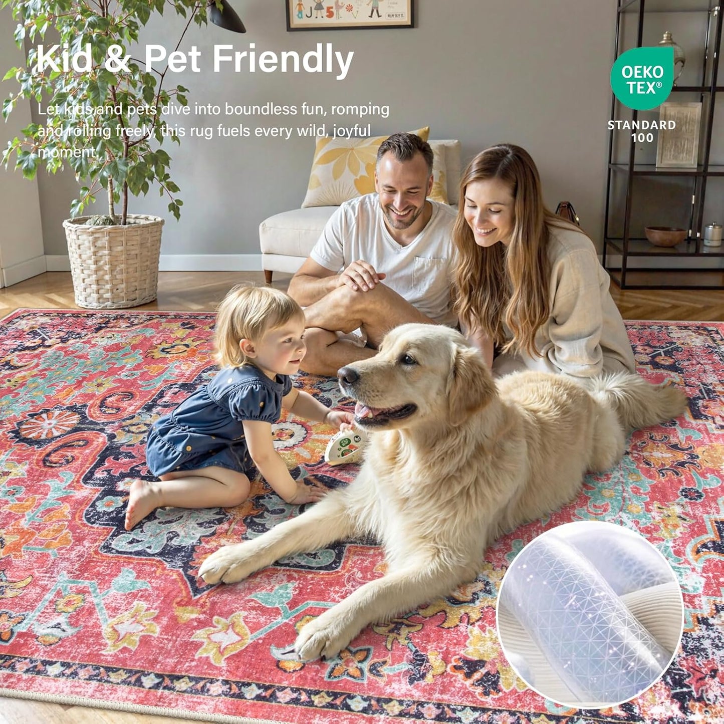 Lahome 5x7 Boho Living Room Rug Colorful Bedroom Rug, Large Bohemian Nursery Rugs, Hot Pink Non-Slip Machine Washable Soft Playroom Mat Indoor Floor Accent Carpet for Dining Table Mud Room