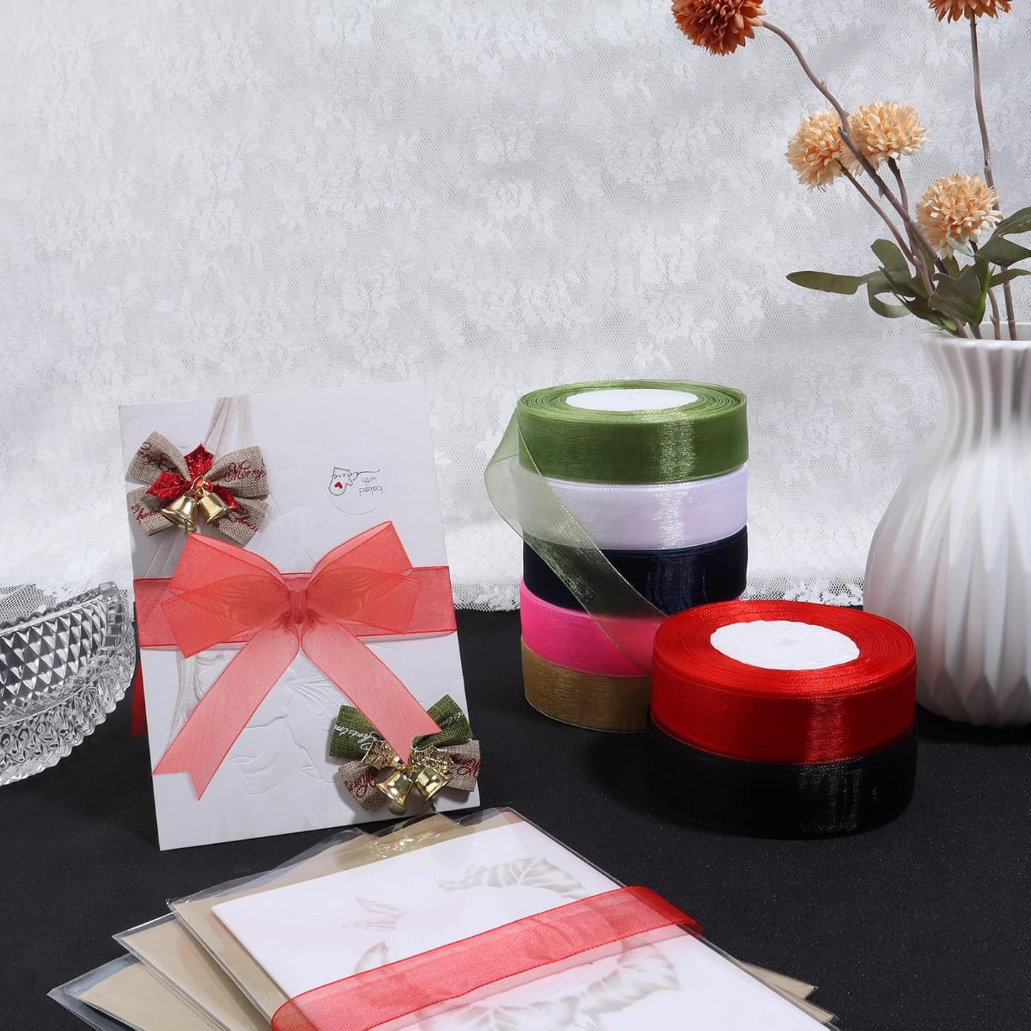 Pink Ribbon for Gift Wrapping, 1 inch 50Yard Sheer Organza Tulle Ribbon, Hot Pink Gifts Wrap Chiffon Ribbons for Hair, Crafts, Flower Bouquet, Wedding, Valentines Day, Mothers Day, Christmas