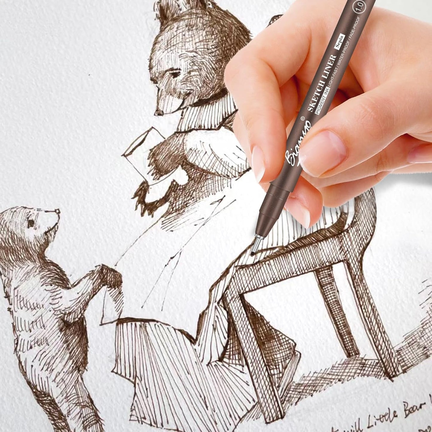 Bianyo Sepia Tone Art Pen Set, 5 Assorted Tips - Warm Pigment Ink Sketch Liner for Vintage Sketching, Nature Illustrations, and Elegant Calligraphy, Water-Resistant and Archival Quality