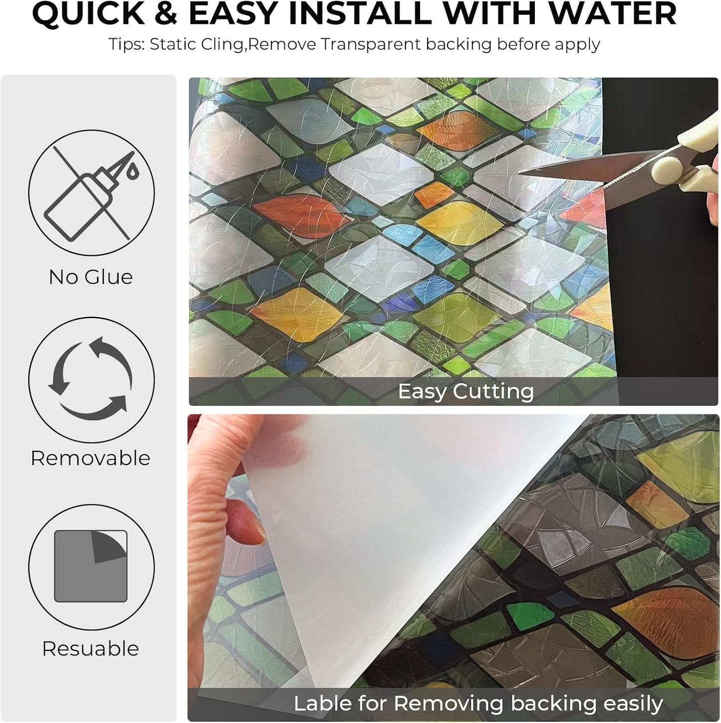 Window Privacy Film Rainbow Film Stained Glass 3D Static Cling Decorative Window Sticker for Bathroom,Front Door,Home Heat Control UV Blocking Non Adhesive,Diamond Grid 23.6 x 78.7inches