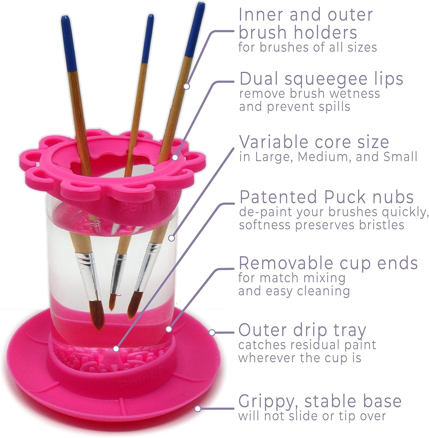 Paint Puck Ultimate Rinse Cup Paint Brush Cleaner (Purple, Jar) - Non-Spill Paint Water Cup & Brush Cleaner with Brush Holder, Squeegee Lips & Drip Tray for Acrylic, Watercolor & Art Supplies