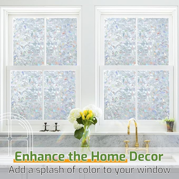 LUTE Window Privacy Film, Rainbow Window Flim, 3D Decorative Stained Glass Cling, Non-Adhesive Vinyl Static Cling UV Blocking Heat Control One Way Glass Covering for Home, Silver, 17.5 x 118.1 inches
