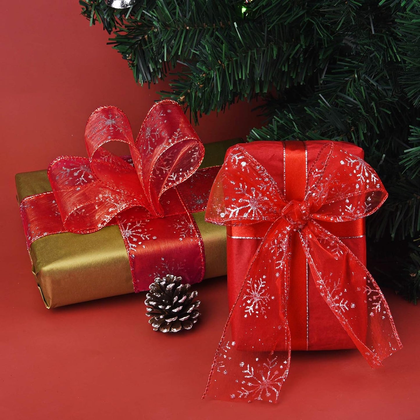 2.5 Inch Wide Christmas Wired Ribbon Snowflake Organza Sheer Glitter Ribbon for Xmas Tree, Wreath, Party Decoration, Gift Wrapping (Red, 10.9 Yards)