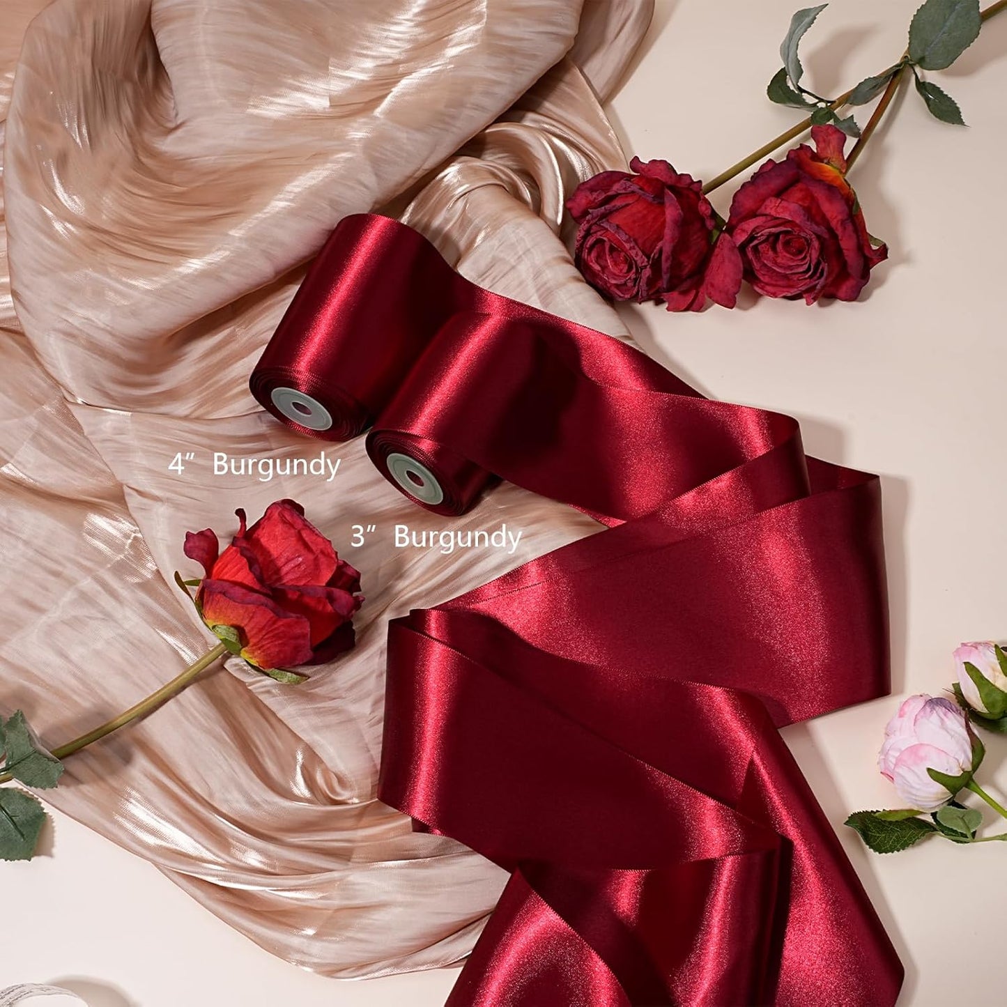 LaRibbons Red Satin Ribbon 3 Inch 10 Yards Christmas Ribbons Double Faced Luxury Burgundy Silk Ribbon for Gift Wrapping Flower Bouquets Bow Christmas Wedding Party Decoration