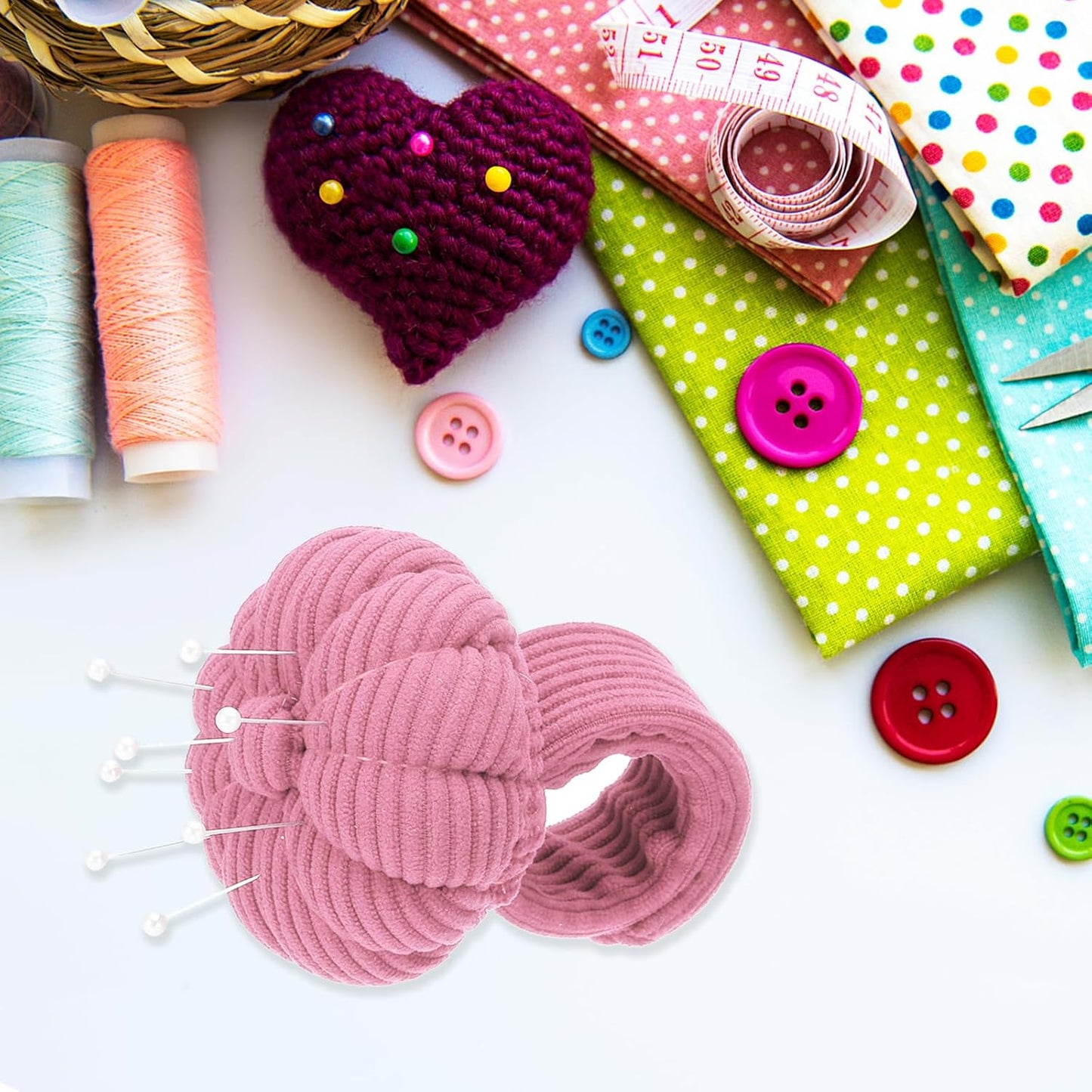 PATIKIL Wrist Pumpkin Pin Cushion, Snap Pin Cushion with Elastic Strap Ring Portable Embroidery Needle Pin Storage for Hand Craft Knitting, Light Pink