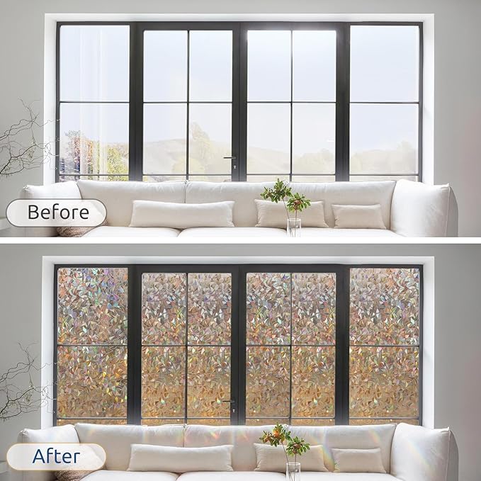 rabbitgoo Window Privacy Film Rainbow Film Decorative Window Sticker, 3D Static Stained Glass Cling Tint for Home Heat Control Non-Adhesive, Brown, 17.5 x 157.4 inches