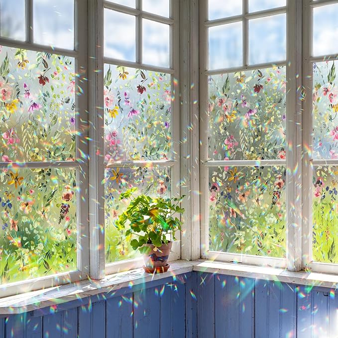 Rainbow Suncatcher Floral Window Film, Privacy Iridescent Static Cling Double-Sided Decals for Window Door Glass Decor, Spring Colorful Flower, 118.11" x 16.93"