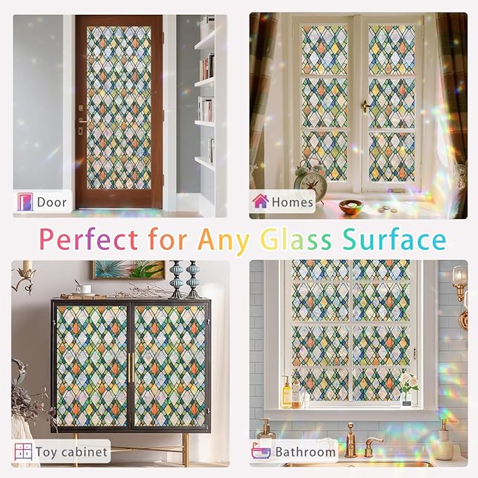 Lattice Stained Glass Window Film Static Cling with Tools - 17.5 x 78.7 Inch Non-Adhesive Privacy Decorative Rainbow Film for Windows, Doors, Sidelights - Easy Install & Remove
