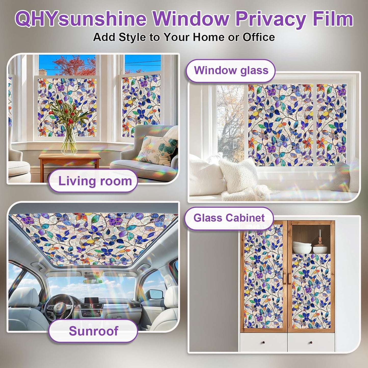 Window Privacy Film Stain Glass Window Film Rainbow Window Film Window clings Non-Adhesive Reusable Decorative for Room (Purple Rainbow, 35.4 X 157.4 in)