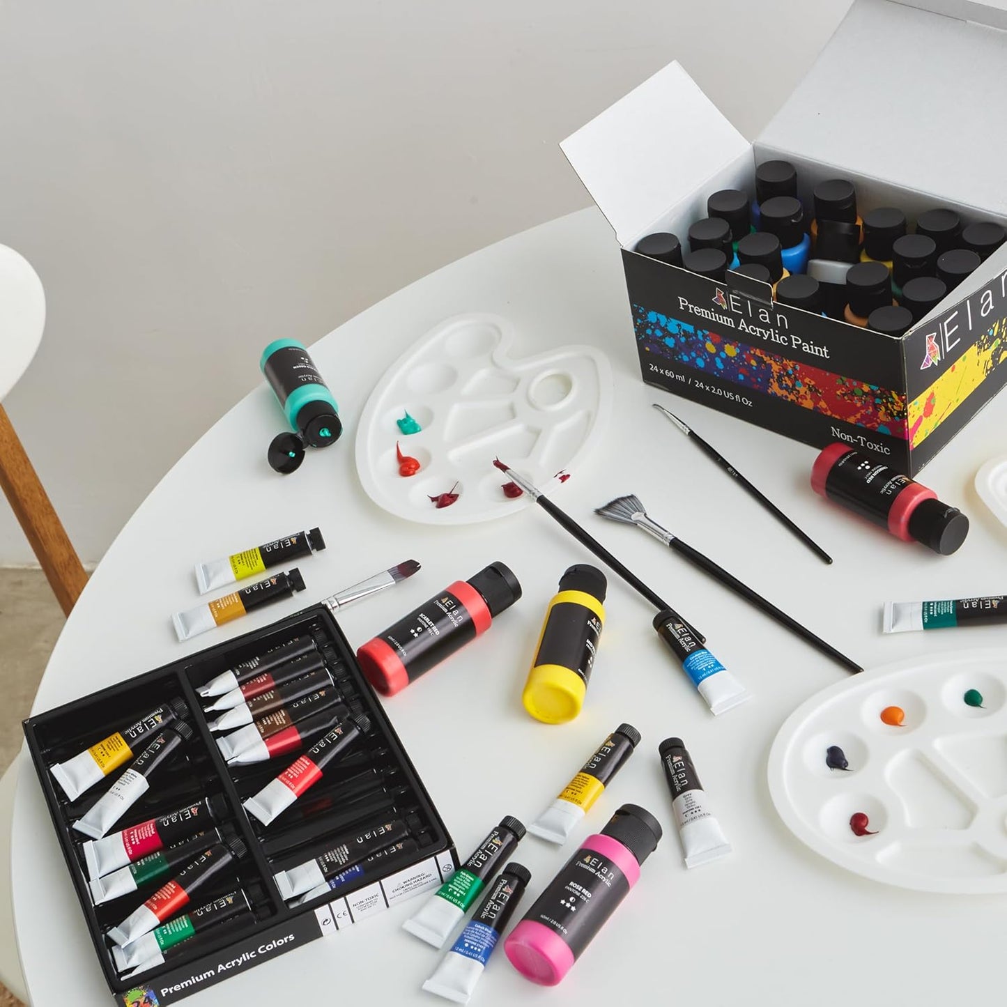 Elan Professional Acrylic Paint Set, 24 Vibrant Colors Acrylic Paint Tubes 2fl oz, Non-Toxic Tubes for Canvas & Crafts, Art Paints for Adults