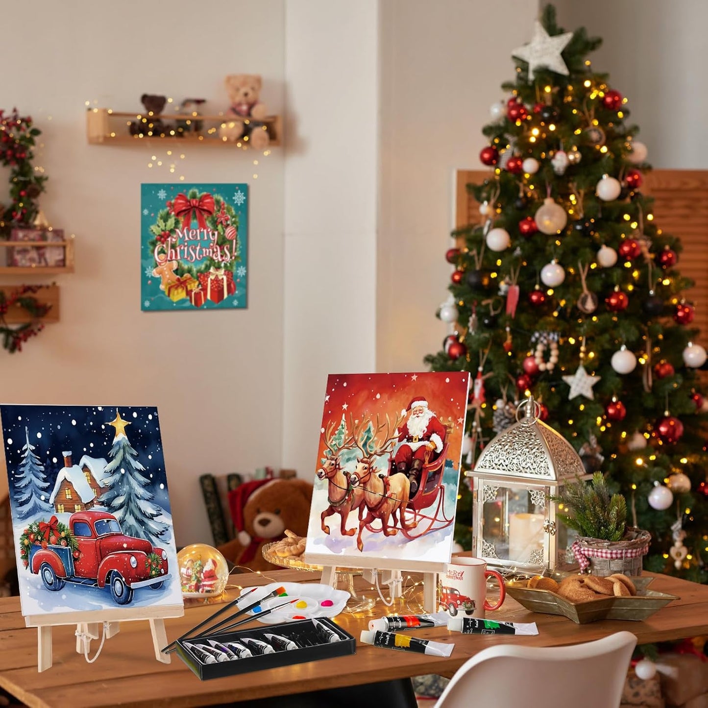 Cholemy 36 Pcs Paint and Sip Kit for Adults 8''x10'' Pre Drawn Canvas for Painting DIY Afro Acrylic Painting Kit Wood Easel Brushes Date Night Bulk for Christmas Party Gifts(Christmas A)