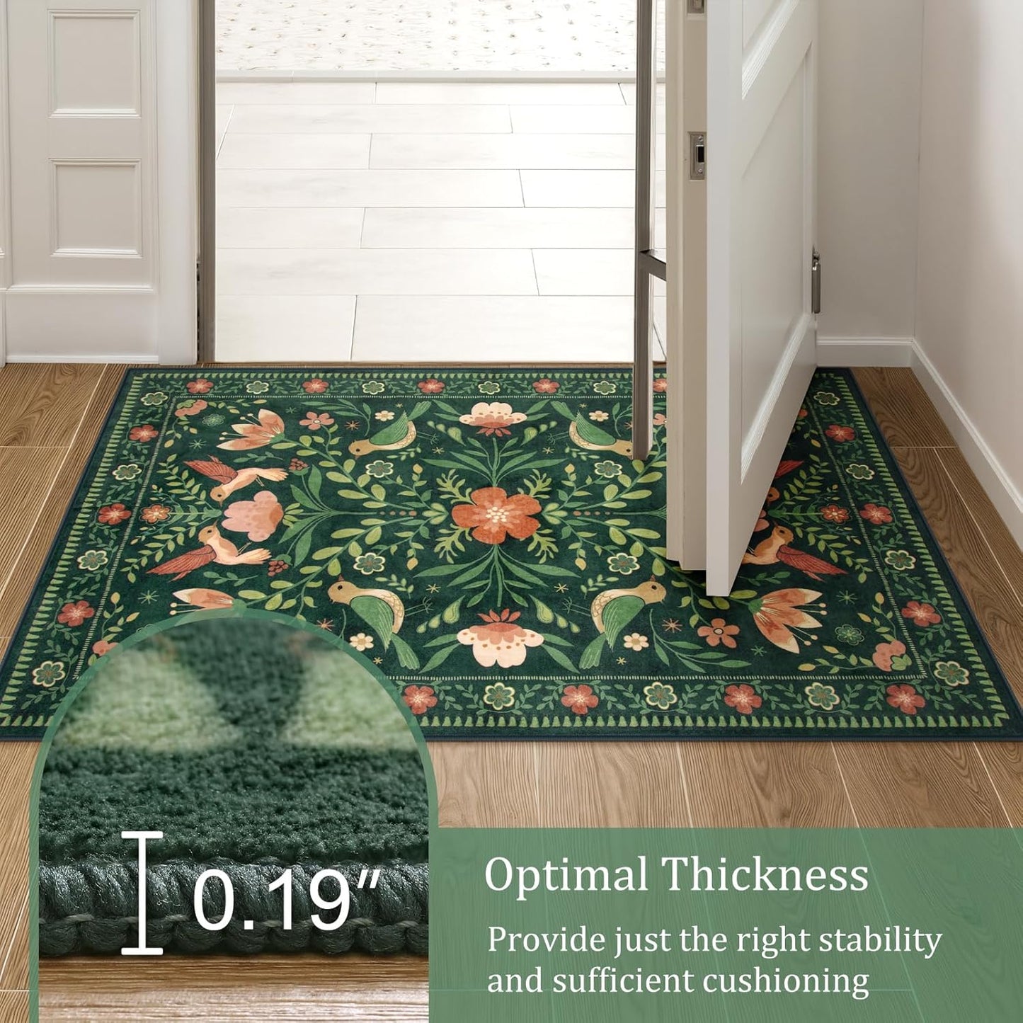 Morebes Washable Rugs 9x12 for Living Room, Large Bird Floral Area Rug Non Slip, Soft Boho Ultra-Thin Insect Carpet for Bedroom Home Office Dining Room Farmhouse, Green