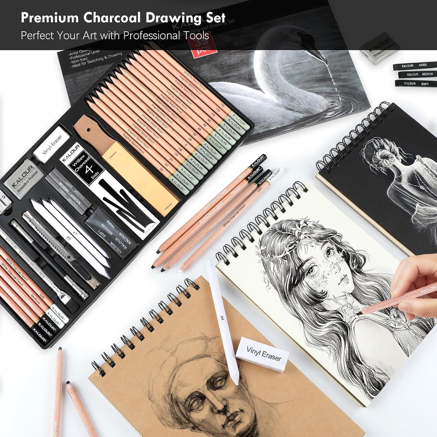 39pcs Drawing Pencil Set, Professional Sketch Pencils (5H-14B), Black and White Charcoal Pencils for Sketching, Eraser Brush Pen, Charcoal Sticks, Art Pencils Set for Artists & Beginners