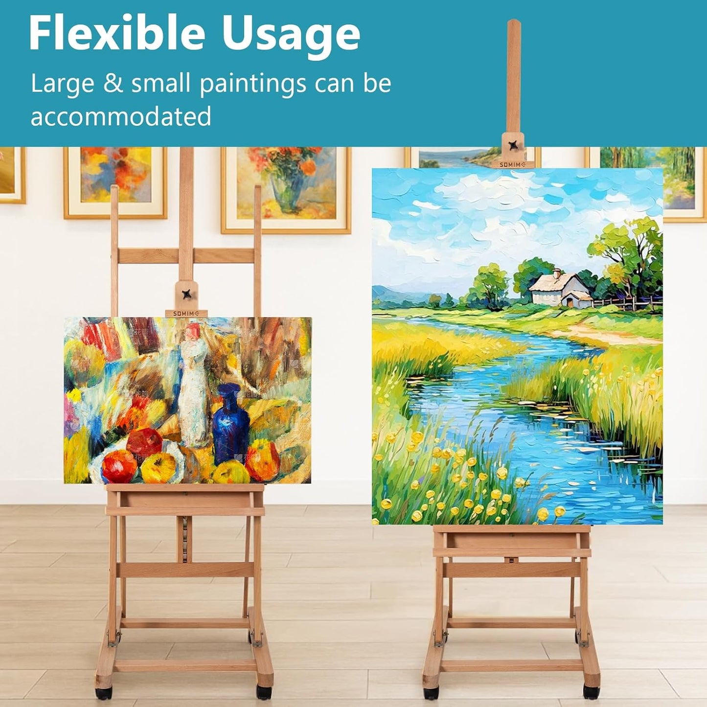 H-Frame Studio Easel, Beechwood Artist Easel with Wheels and Storage Tray, Adjustable Floor Easel Stand Holding Canvas up to 51Inches for Painting, Natural