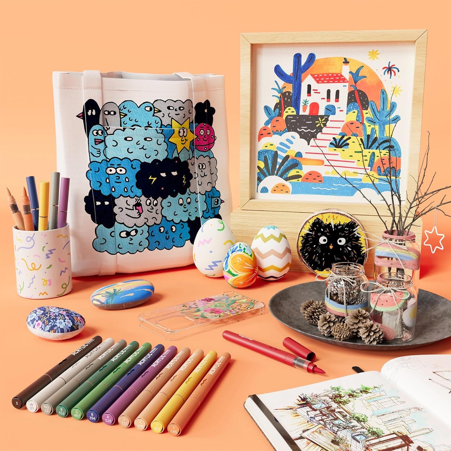 MemOffice Direct Liquid Acrylic Paint Markers, 12 Colors Brush Tip Pens with Carrying Case, No Bleed, Waterproof, for Rock, Wood, Canvas, Glass, Fabric, DIY Crafts for Adults & Kids