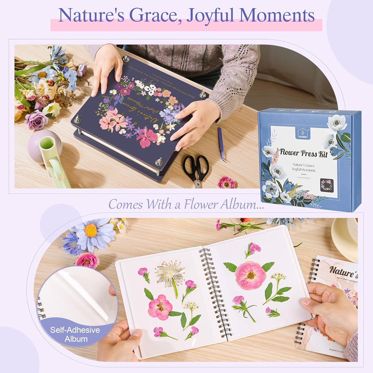 Joy&Grace Flower Press Kit for Adults & Kids, with Designed Cover and DIY Album, 10.9" x 10.9" 10 Layers Flower Preservation Kit, Plant Press and Large Plant Drying Toolkit (Color Box, Purple Navy)