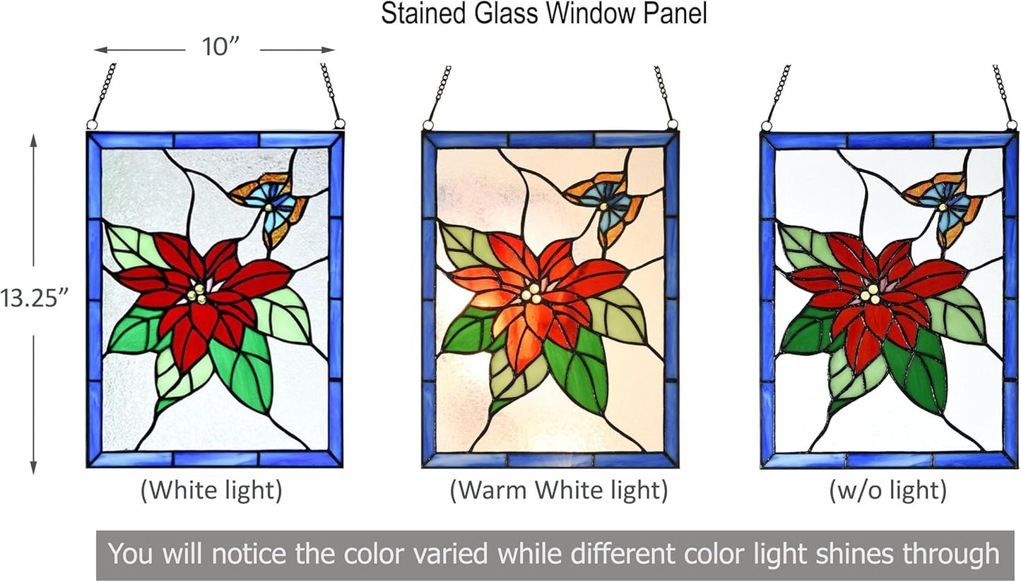 PA0020 Christmas Flower Stained Glass Hanging Panel-10 Wx13.25 H Window Suncatcher Tiffany Style Window Ornament, Handcrafted Poinsettia Flower Home Hanging Decorations