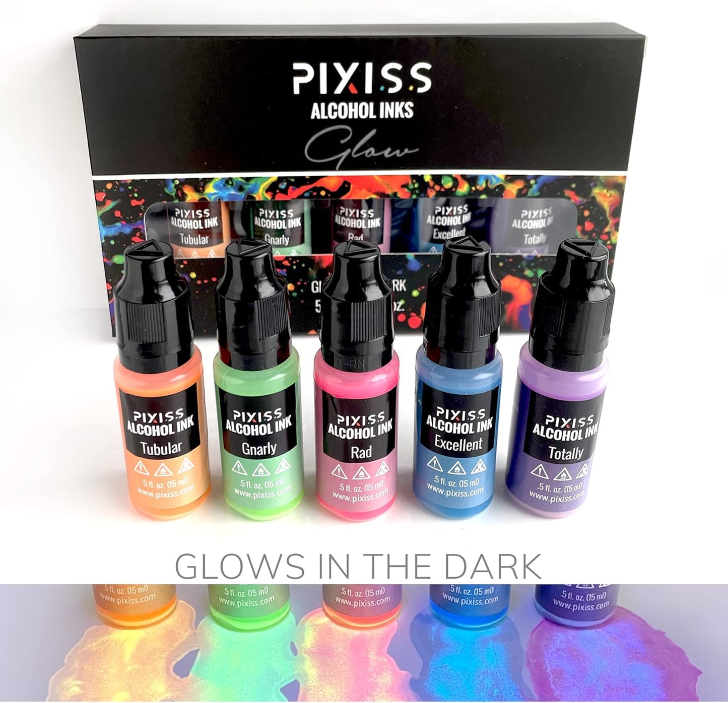 Pixiss Glow in The Dark Alcohol Ink Set - 5 Shades of Brilliantly Glowing Alcohol Ink for Epoxy Resin Supplies, Yupo Paper, Tumblers, Coasters - Resin Colorant for Epoxy Resin and Resin Art Supplies