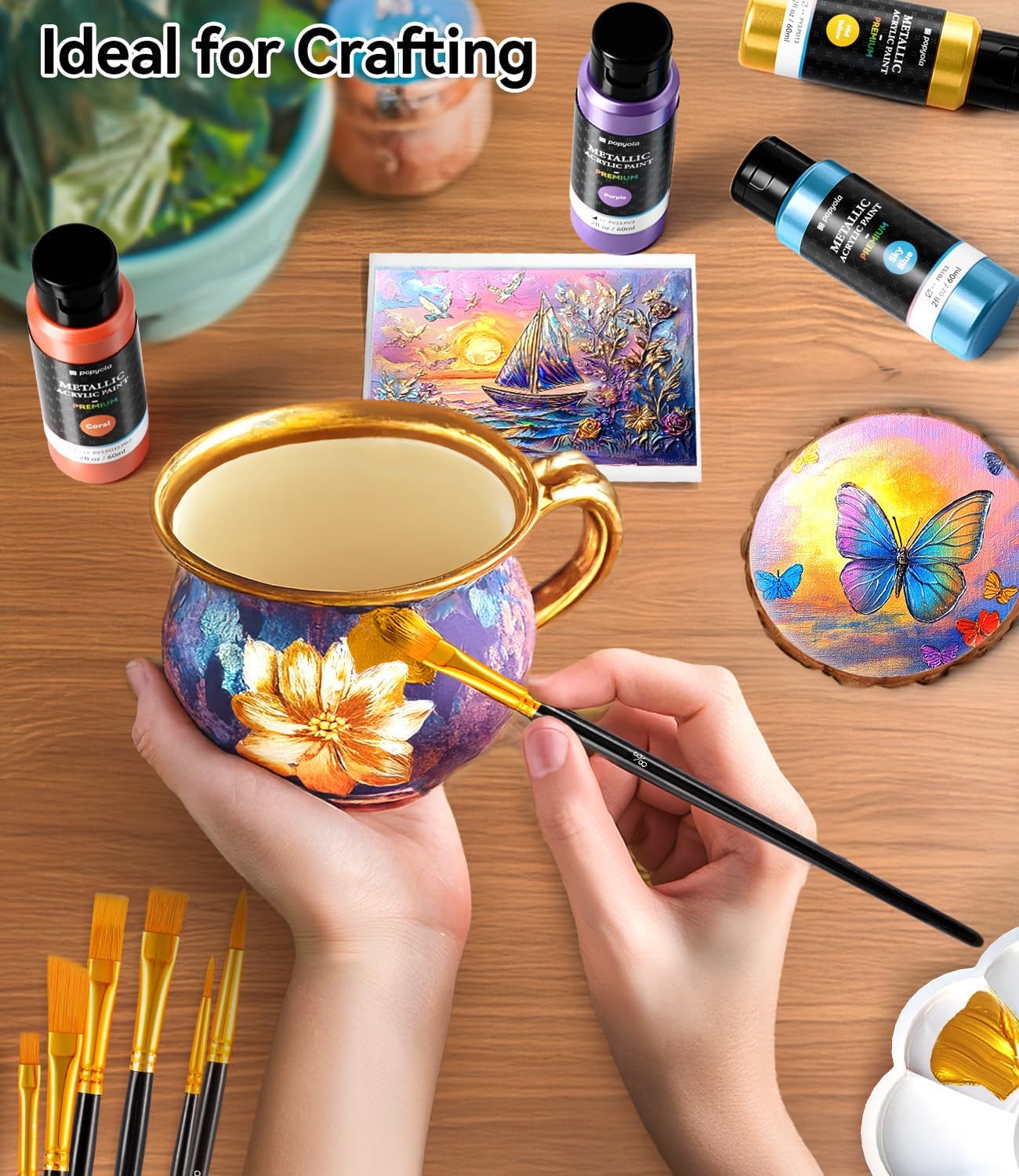 64 PCS Metallic Acrylic Paint Set with 12 Brushes, 2 Knives & Palette, 48 Colors (2oz/60ml) Art Craft Paint for Adults Kids Artists Beginners, Halloween Pumpkin Canvas Ceramic Rock Painting Kit