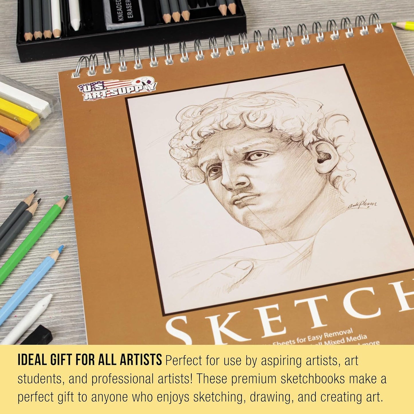 U.S. Art Supply 9"x12" Top Spiral Bound Sketch Book, 2 Pack, 100 Sheets Each, 60lb (100gsm), Acid-Free, Artist Sketchbook, Drawing Pad for Adults & Students