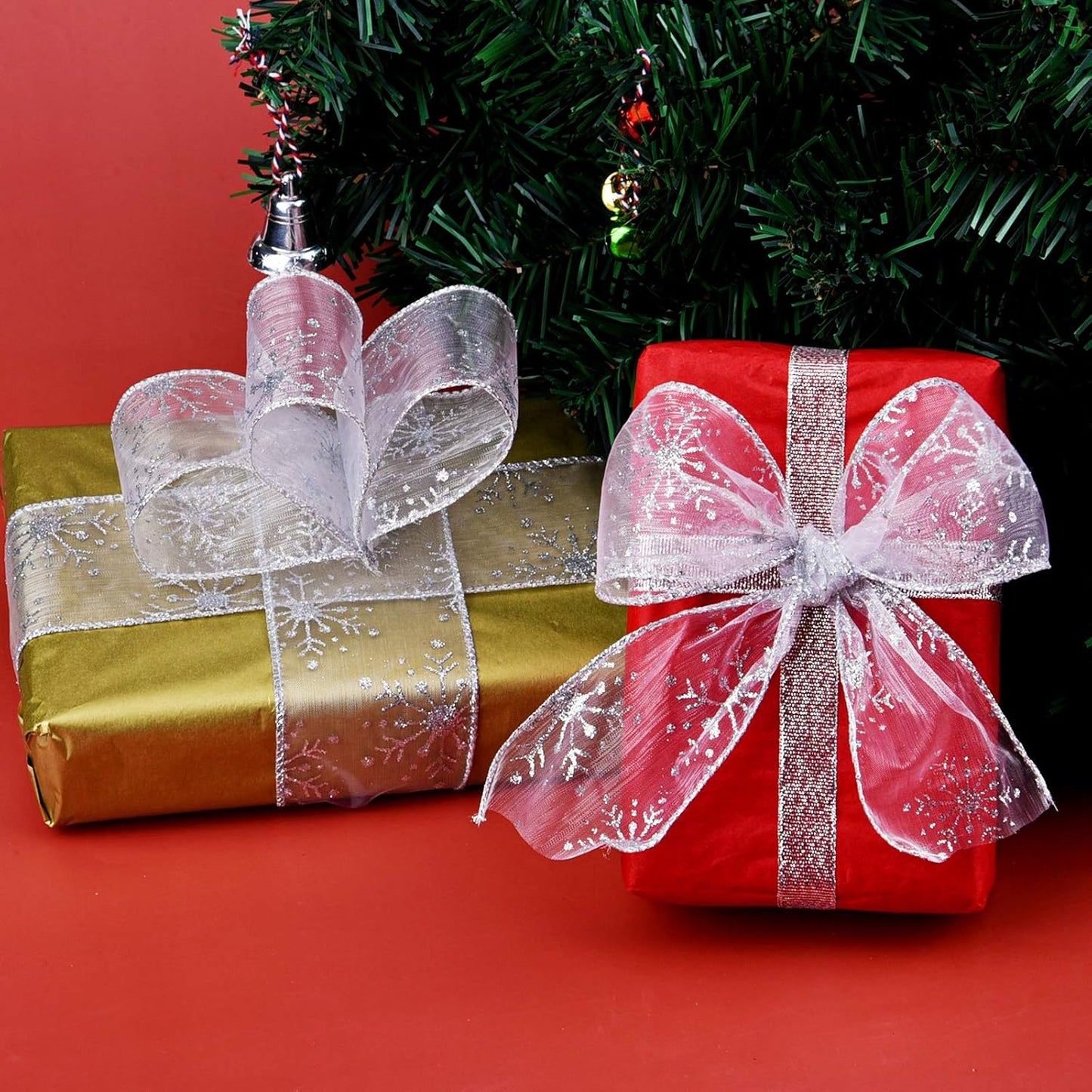 2.5 Inch Wide Christmas Wired Ribbon Snowflake Organza Sheer Glitter Ribbon for Xmas Tree, Wreath, Party Decoration, Gift Wrapping (Silver, 65.7 Foot (Pack of 1))