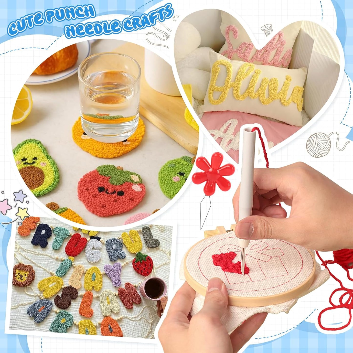 35Pcs Punch Needle Kit Adult Beginner, Adjustable Punch Needle Tool with Different Size Needles & Storage Case, Wooden Handle Embroidery Pen Set for Decoration, Gifts & DIY Craft Project