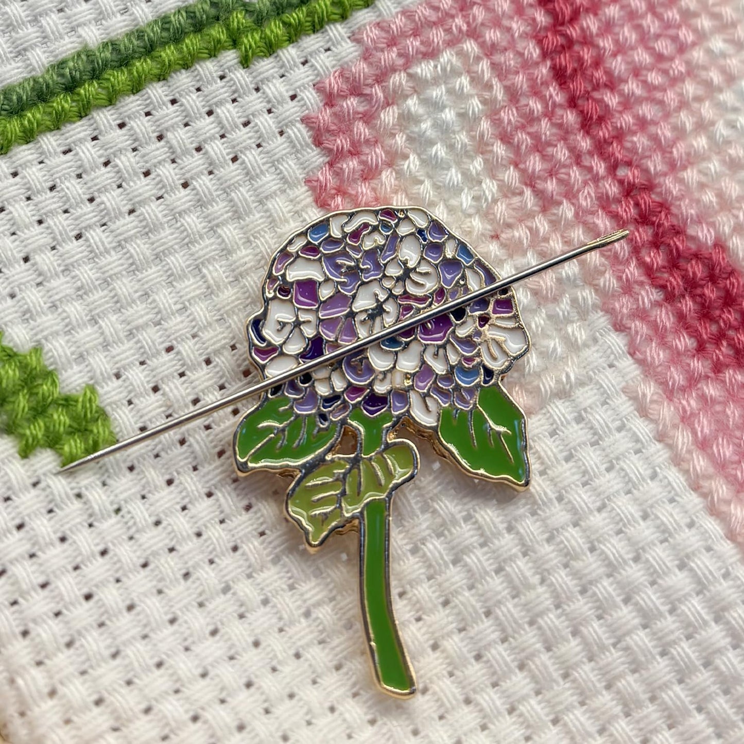 Hydrangea Magnetic Needle Minder for Cross Stitch – Strong Needlepoint Holder, Embroidery Sewing Magnet – Secure & Decorative Needle Minders for Stitching & Crafting (Purple Hydrangea)