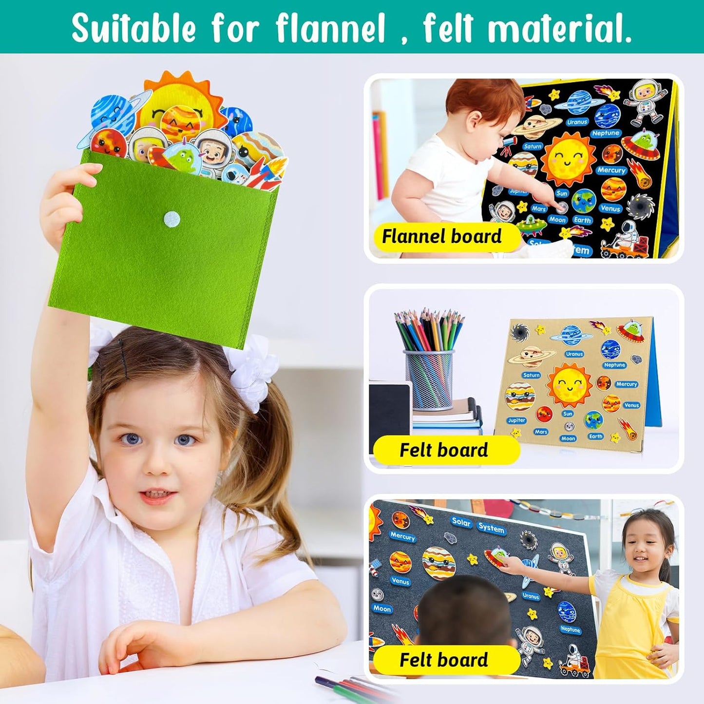 PENGFULL Felt Flannel Board Story Pieces for Toddlers Preschool,Kids Interactive Storytelling Teaching Play Kits for Flannel Board or Felt Board,with Words Felt Pieces(Solar System)