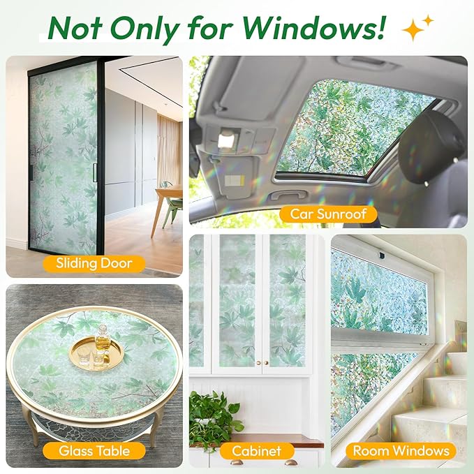 rabbitgoo Rainbow Window Privacy Film Decorative Stained Glass Diamond Pattern Window Sticker with Iridescent Tint Non-Adhesive Static Cling for Home Office Bathroom, Green Leaf 35.4 x 78.7 inch