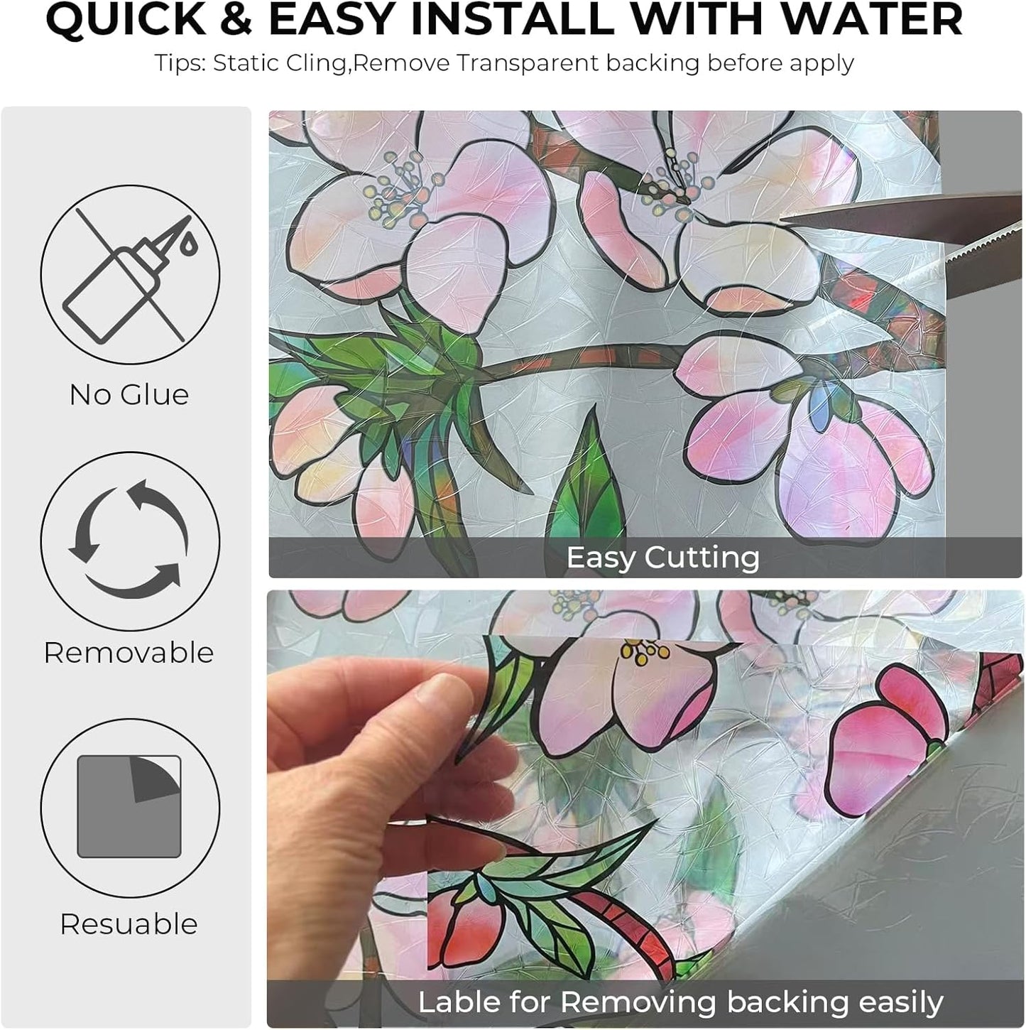 Window Privacy Film Rainbow Film Stained Glass 3D Static Cling Decorative Window Sticker for Bathroom,Front Door,Home Heat Control UV Blocking Non Adhesive,Peach Blossom 35.4 x 78.7inches