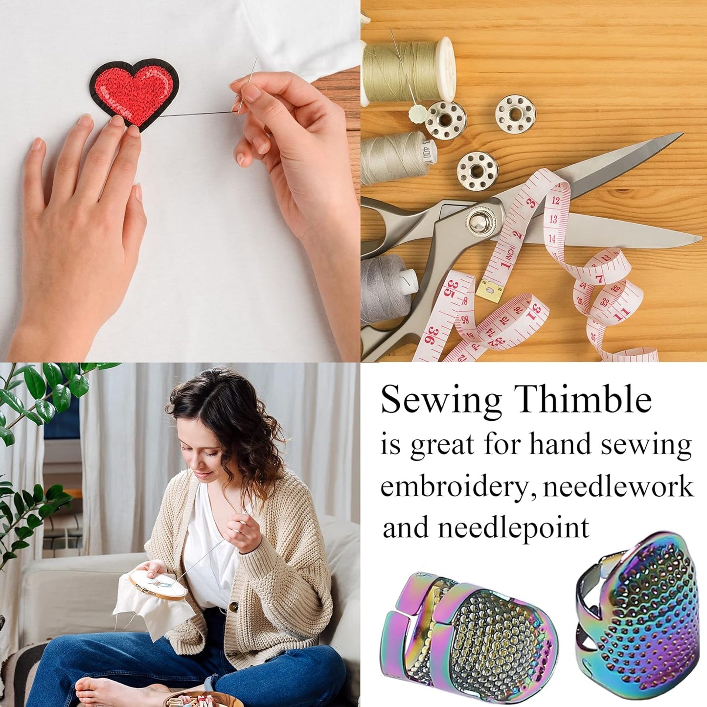 J.CARP 4Pcs Sewing Thimble, Metal Dazzle Color Sewing Thimble Finger Protector, Adjustable Finger Shield Ring Fingertip Thimble Sewing Quilting Craft, Accessories DIY Sewing Tools (2 Sizes, S/M)