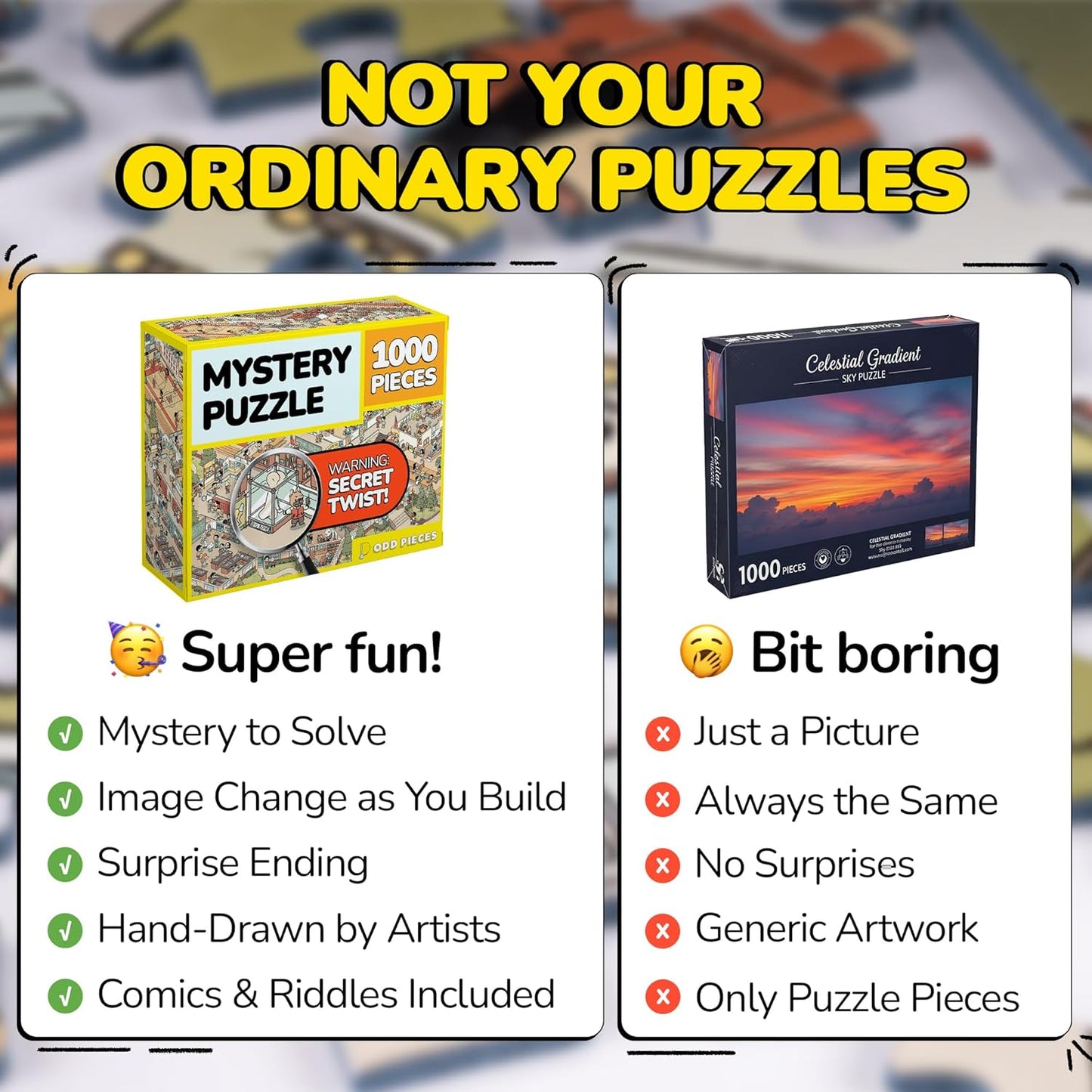 Odd Pieces Jigsaw Puzzles 1000 Pieces - Magic Mystery Story Secret Ending Puzzle - Perfect Game Night for Adults & Kids - Cat Dog Cartoon Theme (Snack Attack)