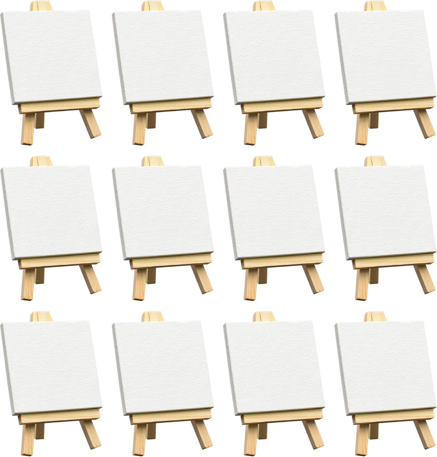 FIXSMITH 3x3 Inch Mini Stretched Canvas Easel Set- Bulk Pack of 12,Small Stretched White Blank Canvas Panels & Wood Easels for Painting Craft Drawing Decoration Gift Art Project DIY, Art Supplies