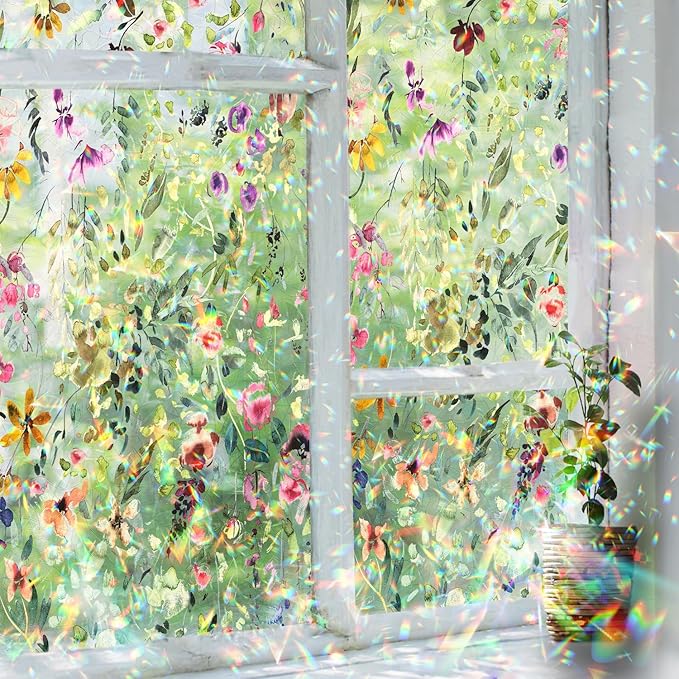 Rainbow Suncatcher Floral Window Film, Privacy Iridescent Static Cling Double-Sided Decals for Window Door Glass Decor, Spring Colorful Flower, 39.37" x 16.93"