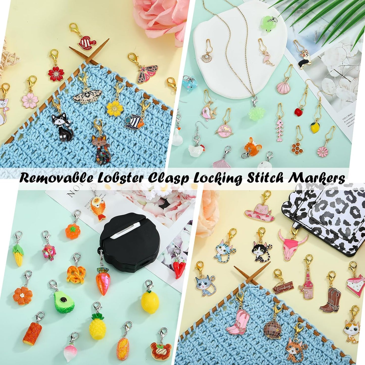 BEEFLYING 16Pcs Fish Stitch Marker Charms for Crocheting and Knitting, 8 Styles Alloy Enemal Crochet Knit Stitch Marker Pendant with Removable Clasp for Knitting Crocheting Accessories